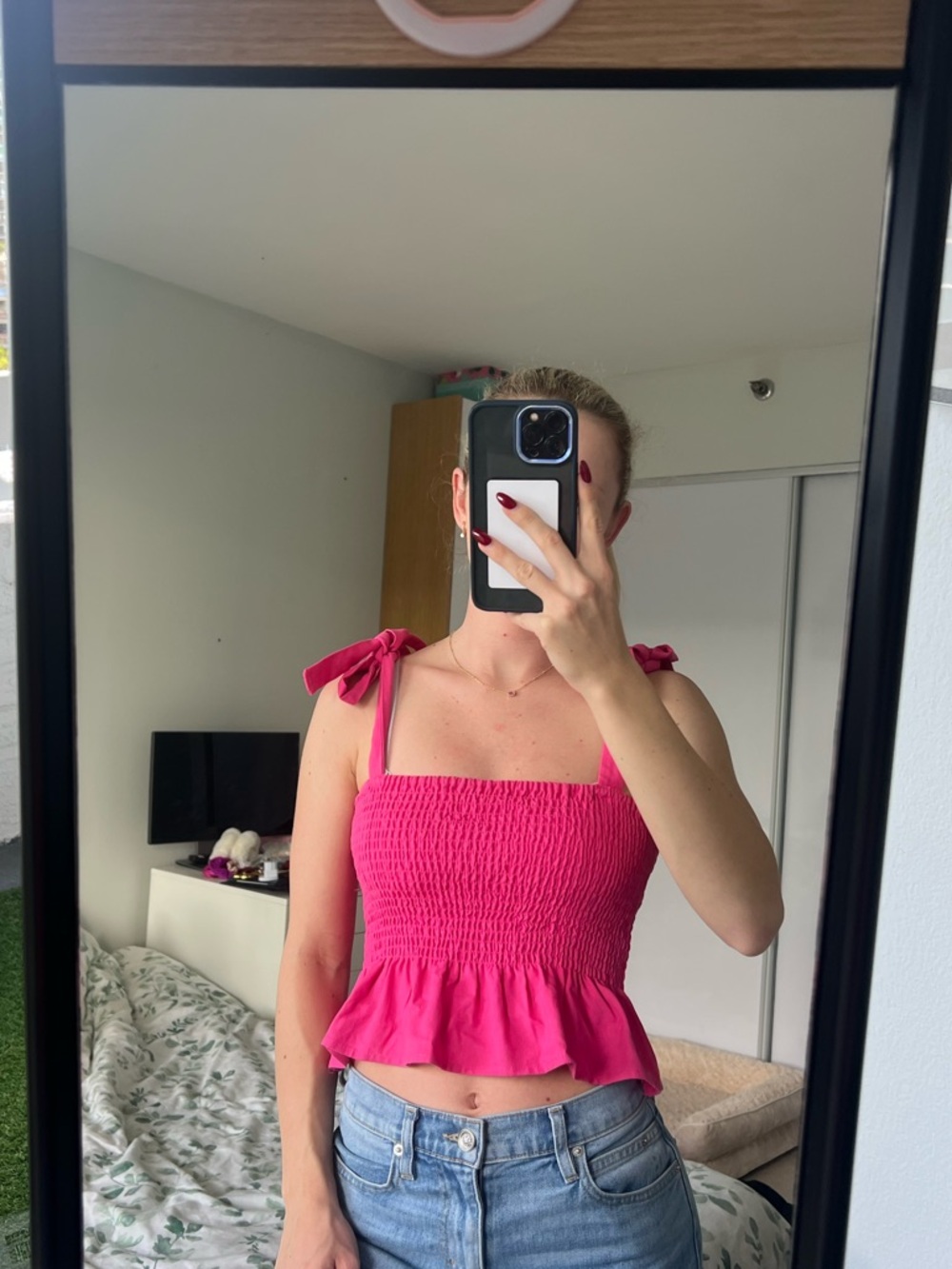 Women’s Hot Pink Tie-Shoulder Smocked Peplum Camisole